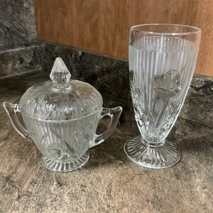 Vintage Jeannette Glass and Herringbone Footed Tumbler and Sugar Bowl